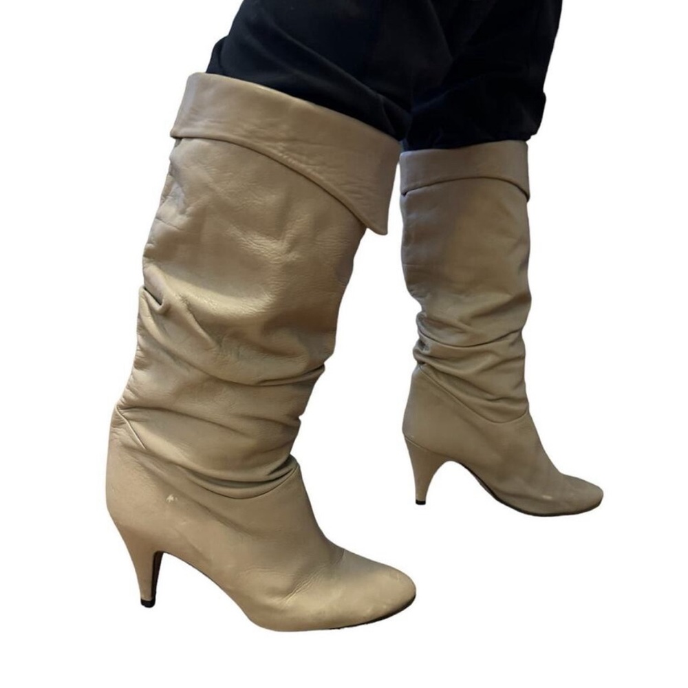 Vintage 80’s Slouchy Foldover Pirate New Wave Cream Leather Boots Size 10